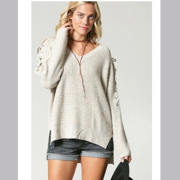 Kye Mi Cold Shoulder Oatmeal Waffle Tie Sweater S - Picture 4 of 10